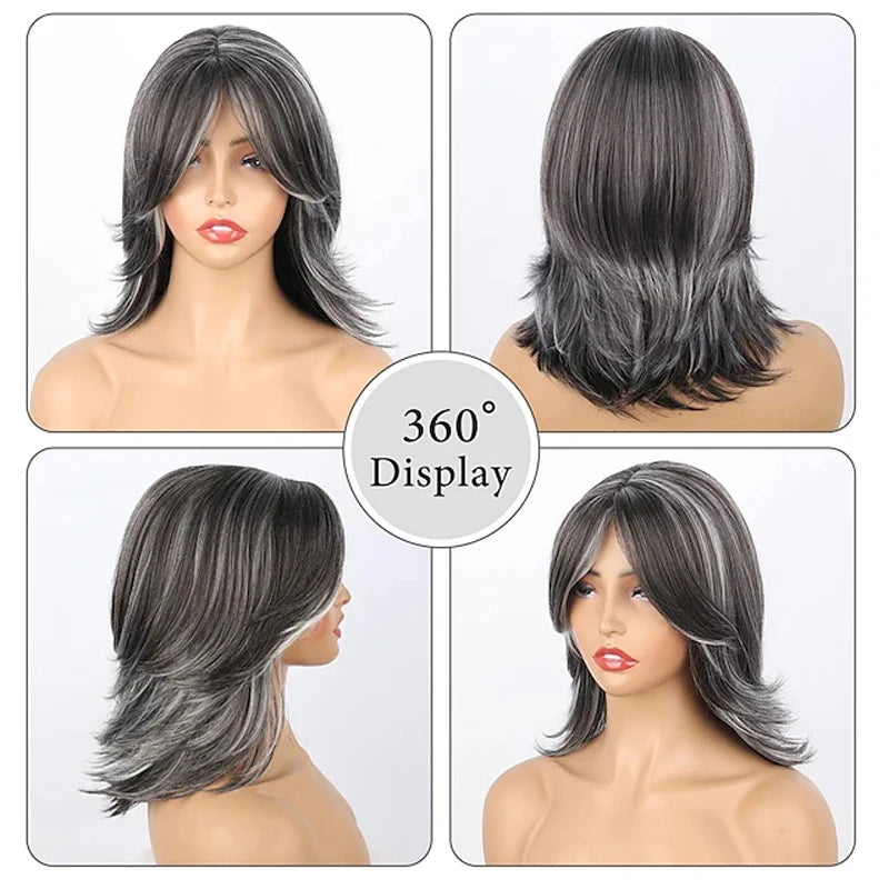 HAIRJOY Dark Gray Ombre Layered Wigs with  Bangs for Black Women Synthetic Hair Short Gray Highlight Straight  Layered Bob Wig
