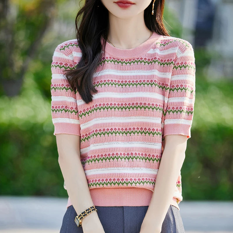 Pure Cotton Hollow Short-Sleeved Ladies Spring And Summer Loose Slim New Joker Knit Bottoming T-Shirt