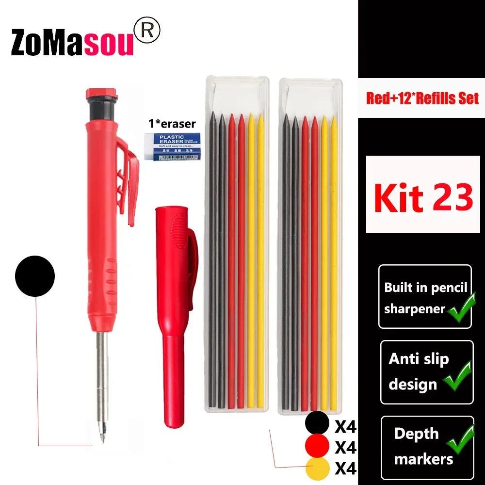 Reuseable Long Head Deep Hole Markers Pen Pencils Solid Carpenter Refill Leads Built-in Sharpener Woodwork Construction Tools