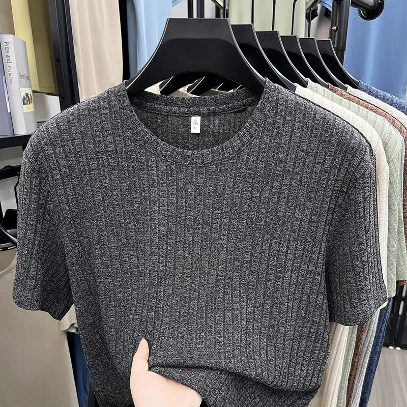 Men's Ribbed Knit Tee - O-Neck Stripe, Lightweight Breathable