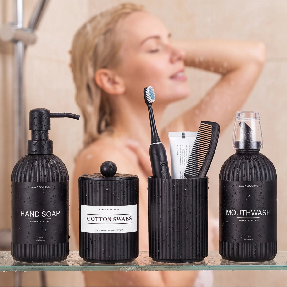 Bathroom Vanity Accessories Set, Reusable Soap Bottle, Storage Jar, Toothpaste Cup and Mouthwash Dispenser for Housewarming Gift