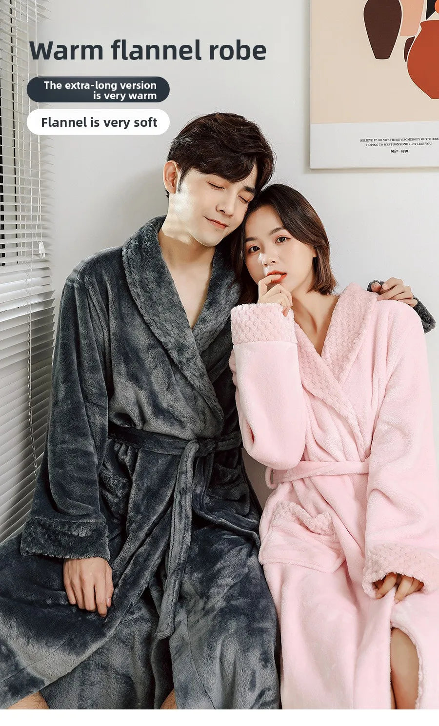 Couples Flannel Robe, Long Warm Fleece Bathrobe for Men and Women