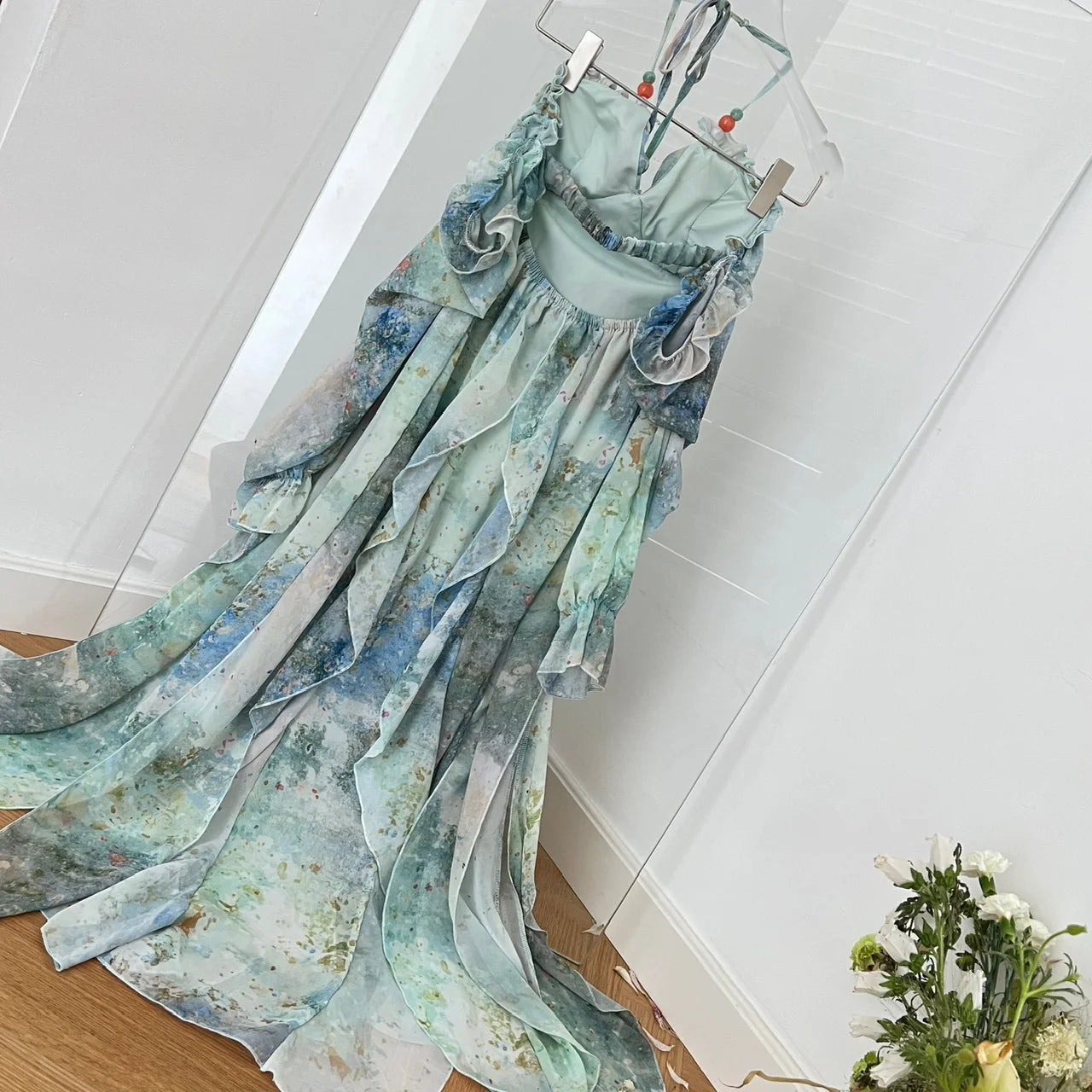 2026 Elegant Halter Neck Ruffled Maxi Dress Women Blue Green Floral Print Bohemian Design Beach Vacation Casual Party Dress New