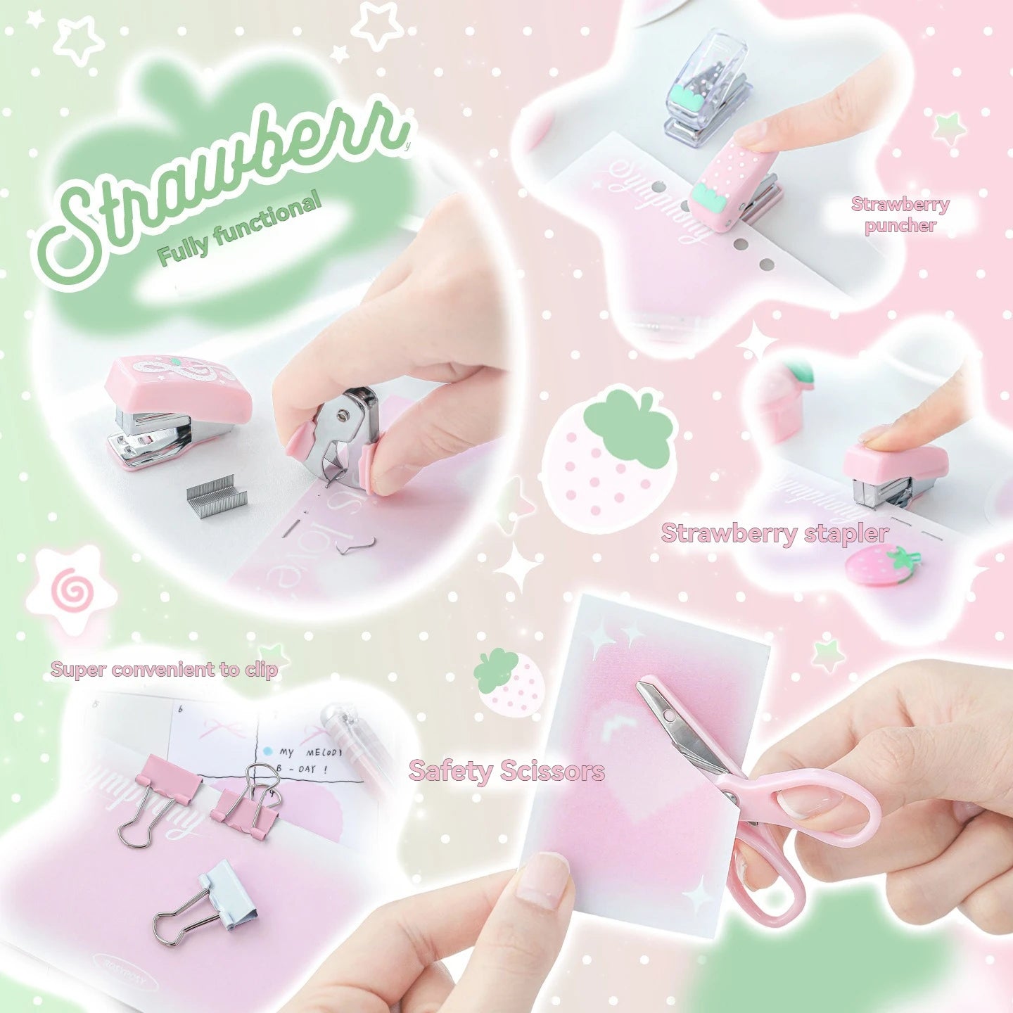 1PC Tool Set High Beauty Strawberry Efficiency Set Stapler Storage Stationery Student Specific Tool Set