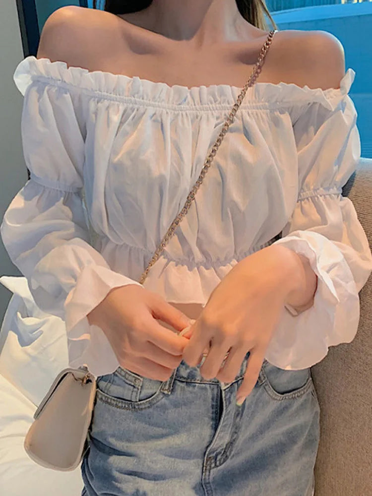 MMAlto Women's Off Shoulder Puff Sleeve Crop Top – Solid Color Ruffle Blouse for Summer
