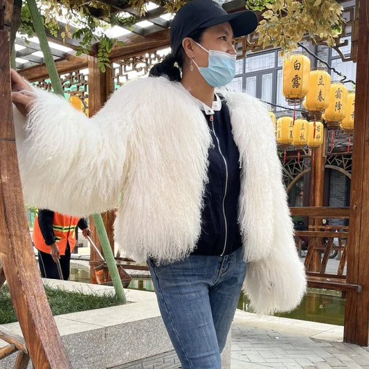 Women's Mongolian Sheep Fur Jacket, Round Neck