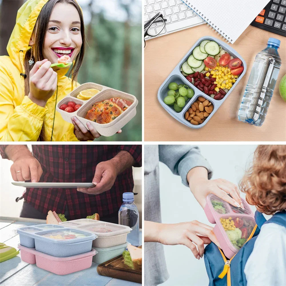 Bento Lunch Box Set 3 Compartment Food Storage Containers Wheat Straw Meal Prep Lunch Box Plastic Food Storage Container