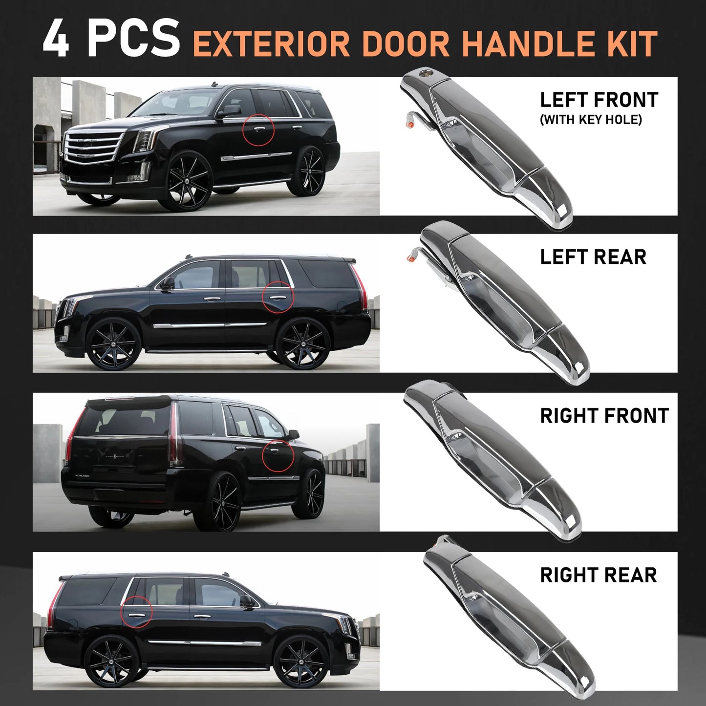 Nakuuly Exterior Chrome Door Handle 4PCS Front Rear Driver & Passenger For 2007-2014 Cadillac Escalade Chevy Avalanche Silverado