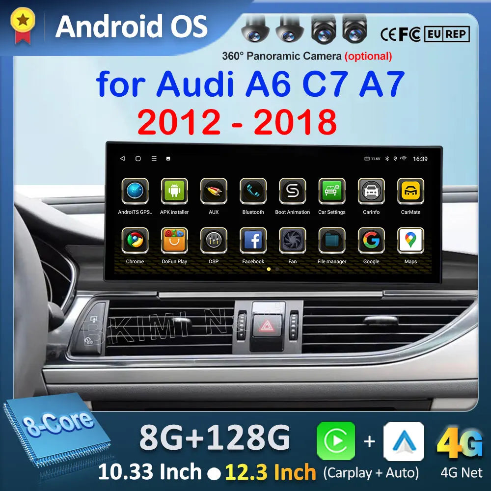 12.3" Android Screen for Audi A6 C7 & A7 (2012–2018) — Wireless CarPlay, Android Auto, QLED, GPS, WiFi