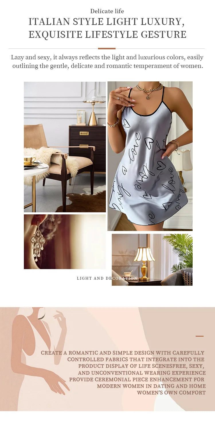 Women's Heart & Letter Print Nightdress – Sexy Sleeveless Satin Slip Sleepwear | S–XL (6 Colors)
