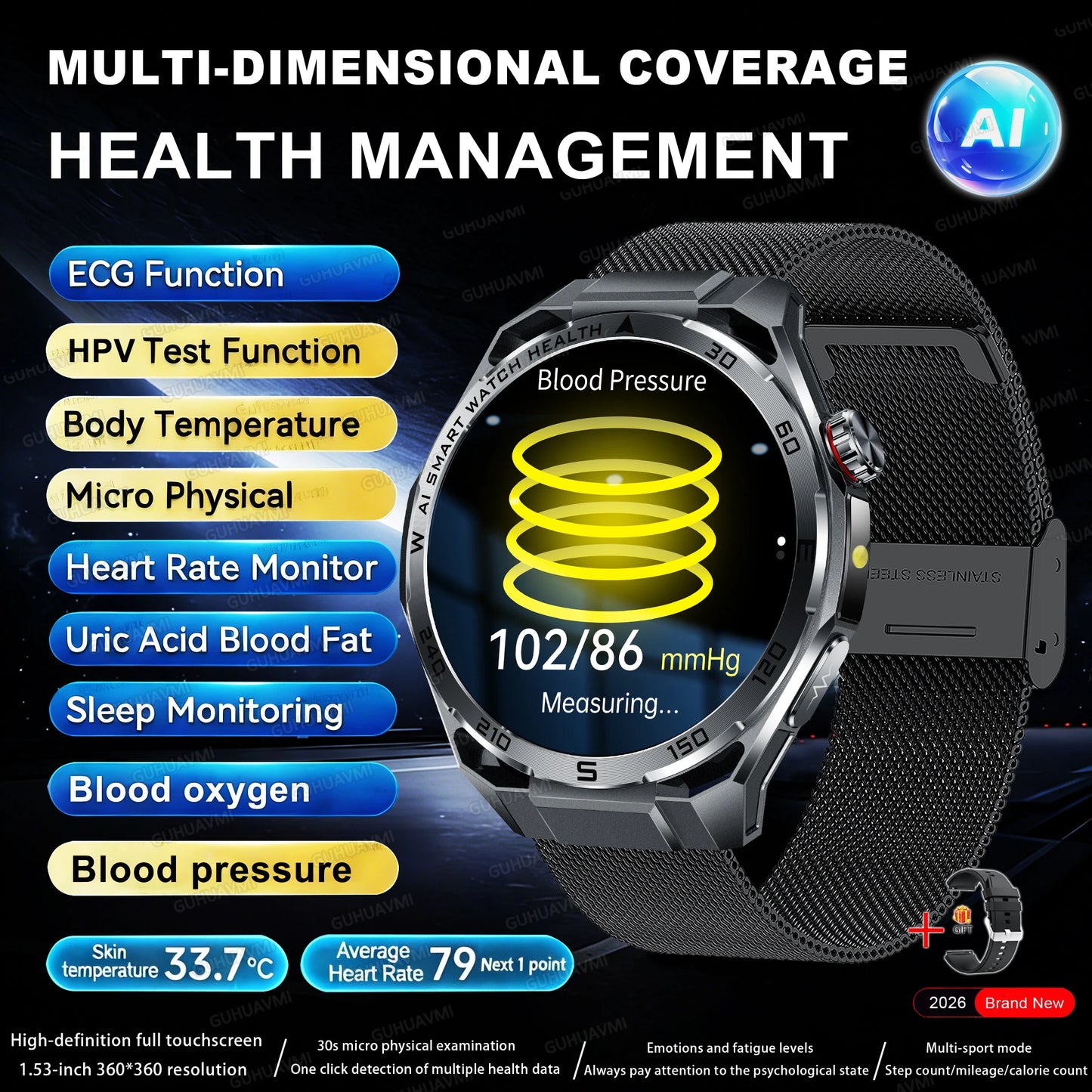 2026 New Body Fat AI Analysis Health Smart Watch ECG+PPG Uric Acid BP Blood Oxygen Call AMOLED Screen Smart Watch For Men Women