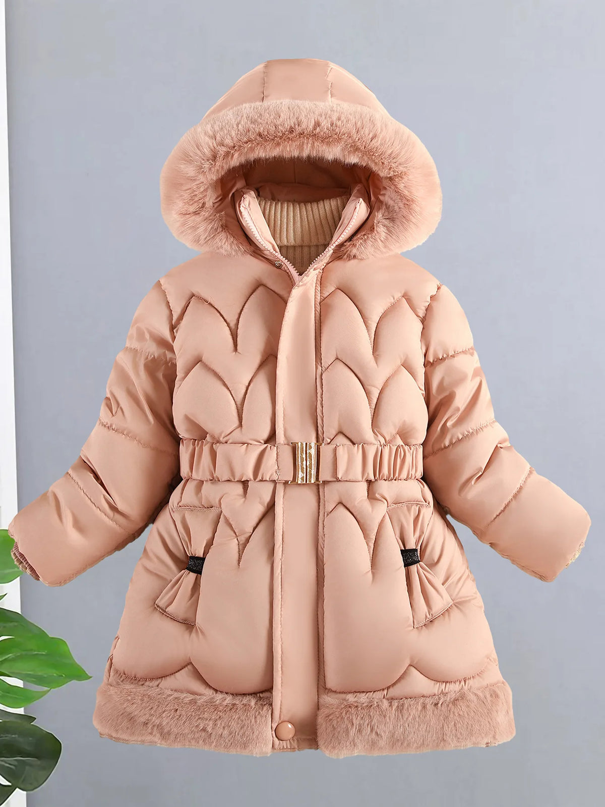 Girls' Hooded Winter Coat with Belt - Plush Lined Heavy Jacket