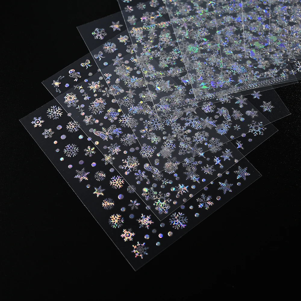 12Pcs/set Laser Silver Snowflake Nail Stickers Set  3D Winter Elk Snowflake Nail Art Decoration DIY Holographic Snowflake Slider