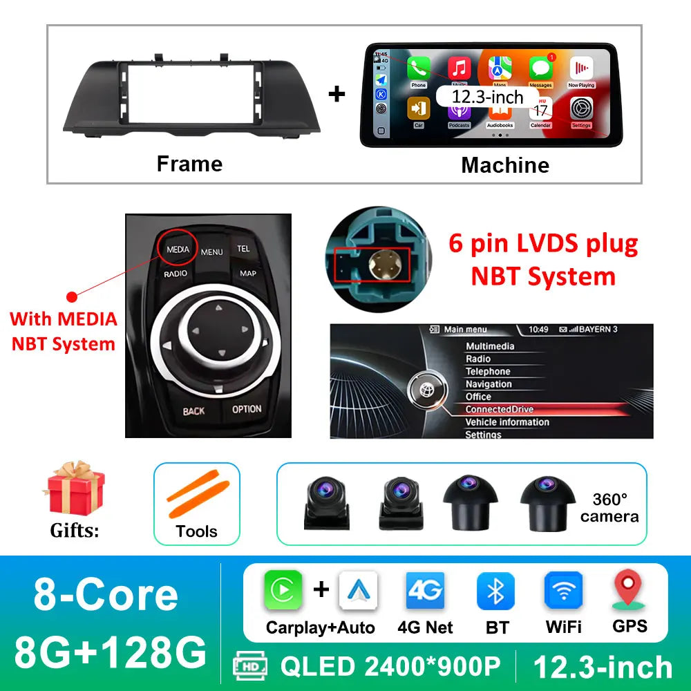 Android 16 Wireless Carplay Car Radio Multimedia Player for BMW 5 Series F10 F11 2010 - 2017 CIC NBT System QLED Screen GPS WiFi