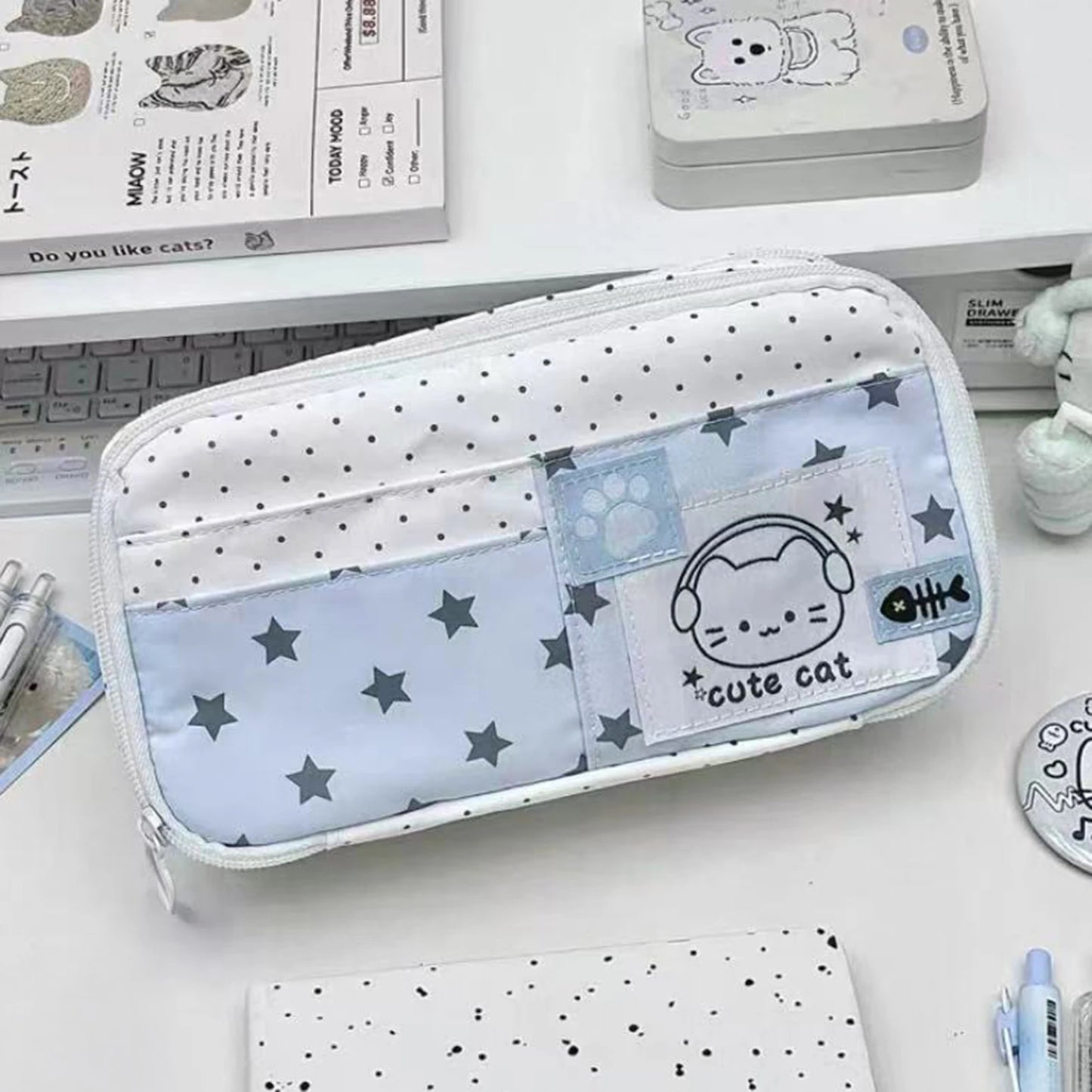 Cute Cat Pattern Blue Polka Dot Pencil Case for Students
