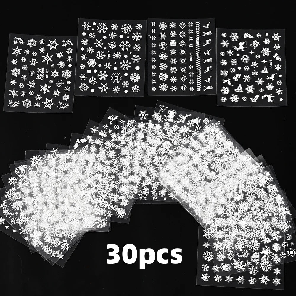 30pcs Christmas Nail Art Stickers Cartoon Holiday Design Santa/Reindeer/Snowflakes Nail Decals Sparkle Festive Manicures & Gifts
