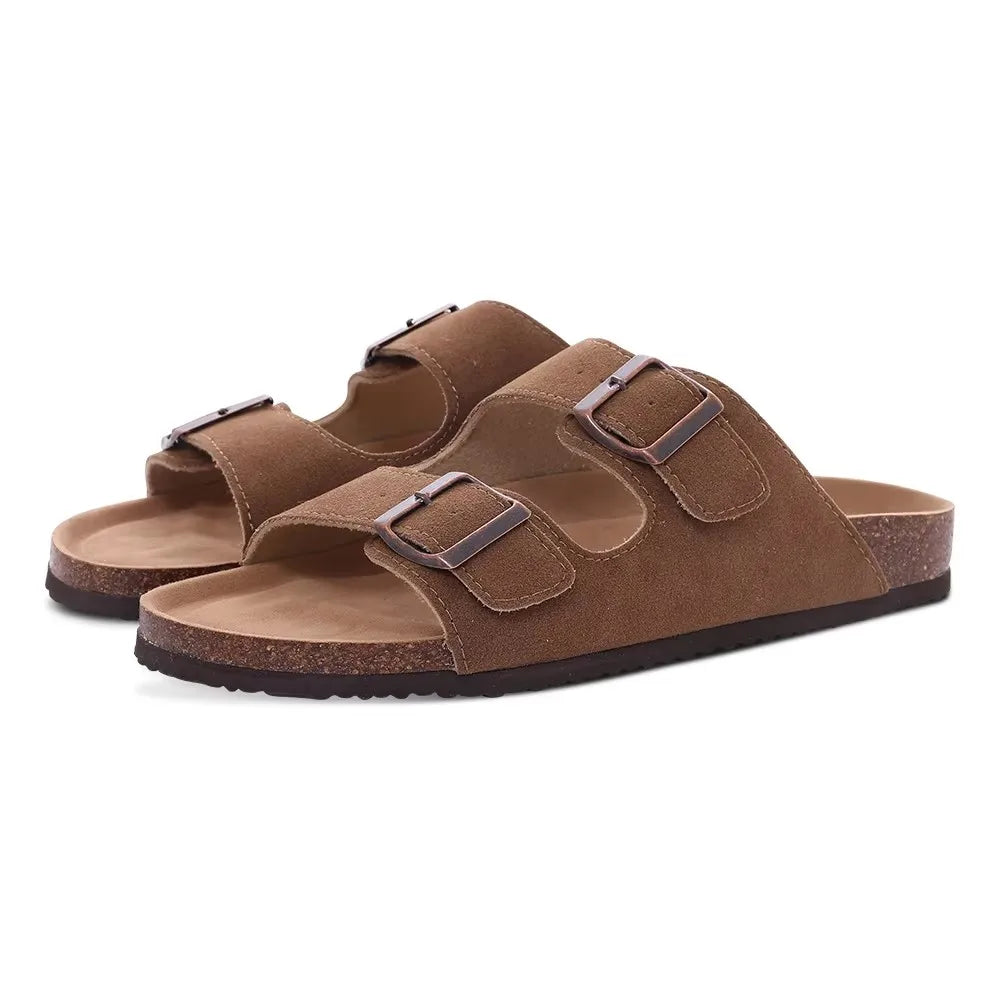 Crestar Women Cork Footbed Slippers Summer Couple Adjustable Double Buckles Flat Sandals Outdoor Cork Beach Slides With Open Toe