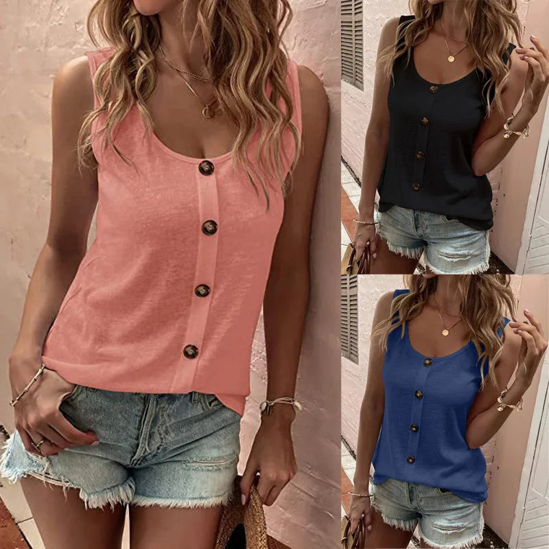 Europe and the United States summer new round neck casual solid color buttons decorated small vest women