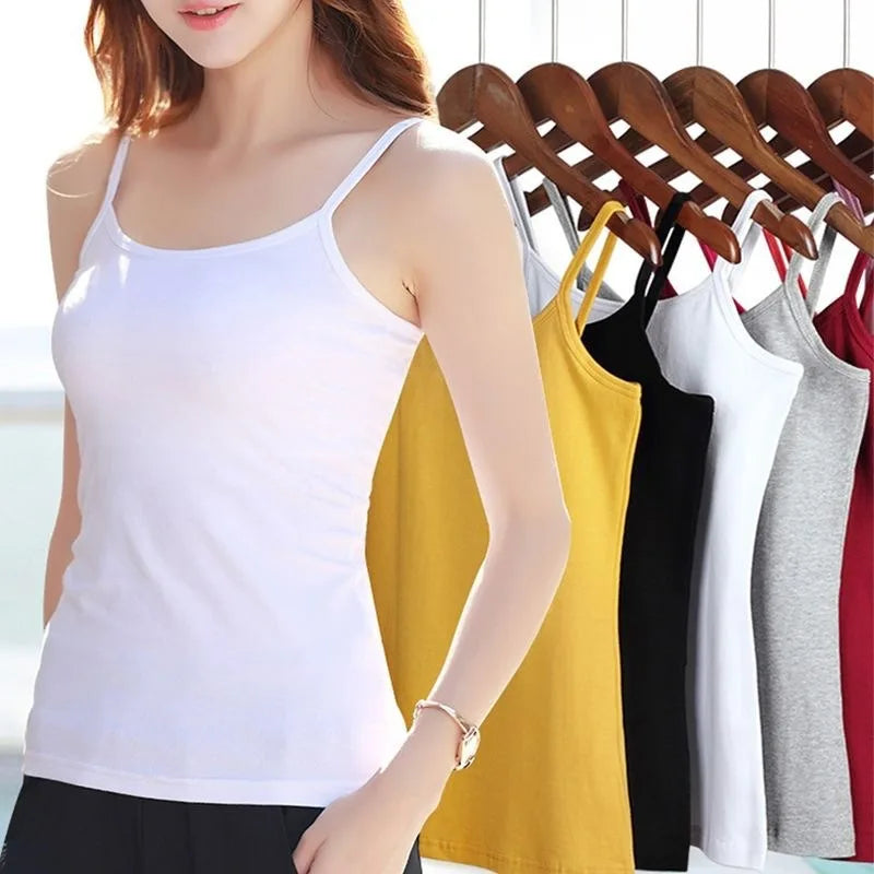 Women's Solid Color Spahetti Straps Sleeveless Slim Camisole Summer Wear Outside Female Short Tops Vests