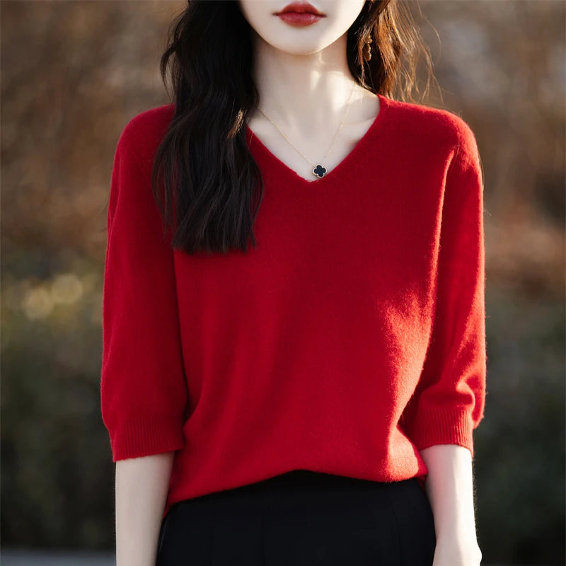 RONGYI Spring/Summer 2026 Ladies Sweater Pullover Solid Color V-neck Half-sleeved Knitted Cashmere Sweater Thin Casual Top