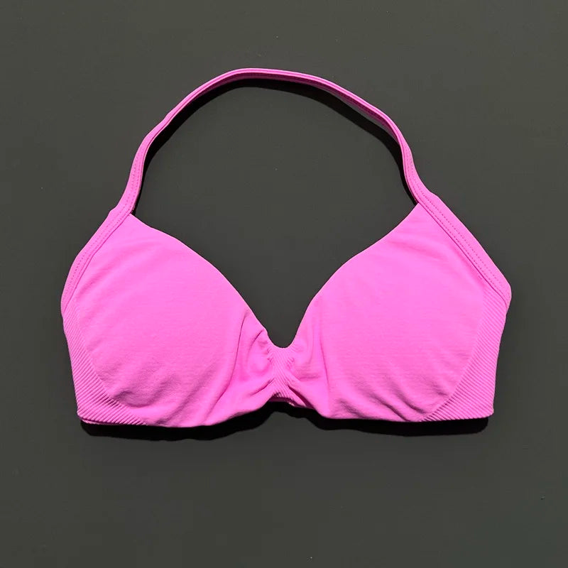 HISTELLO Df Solid Color Impact Strappy Bra Women Seamless Yoga Underwear Fitness Workout Halter Top Running Gym Sports Bra