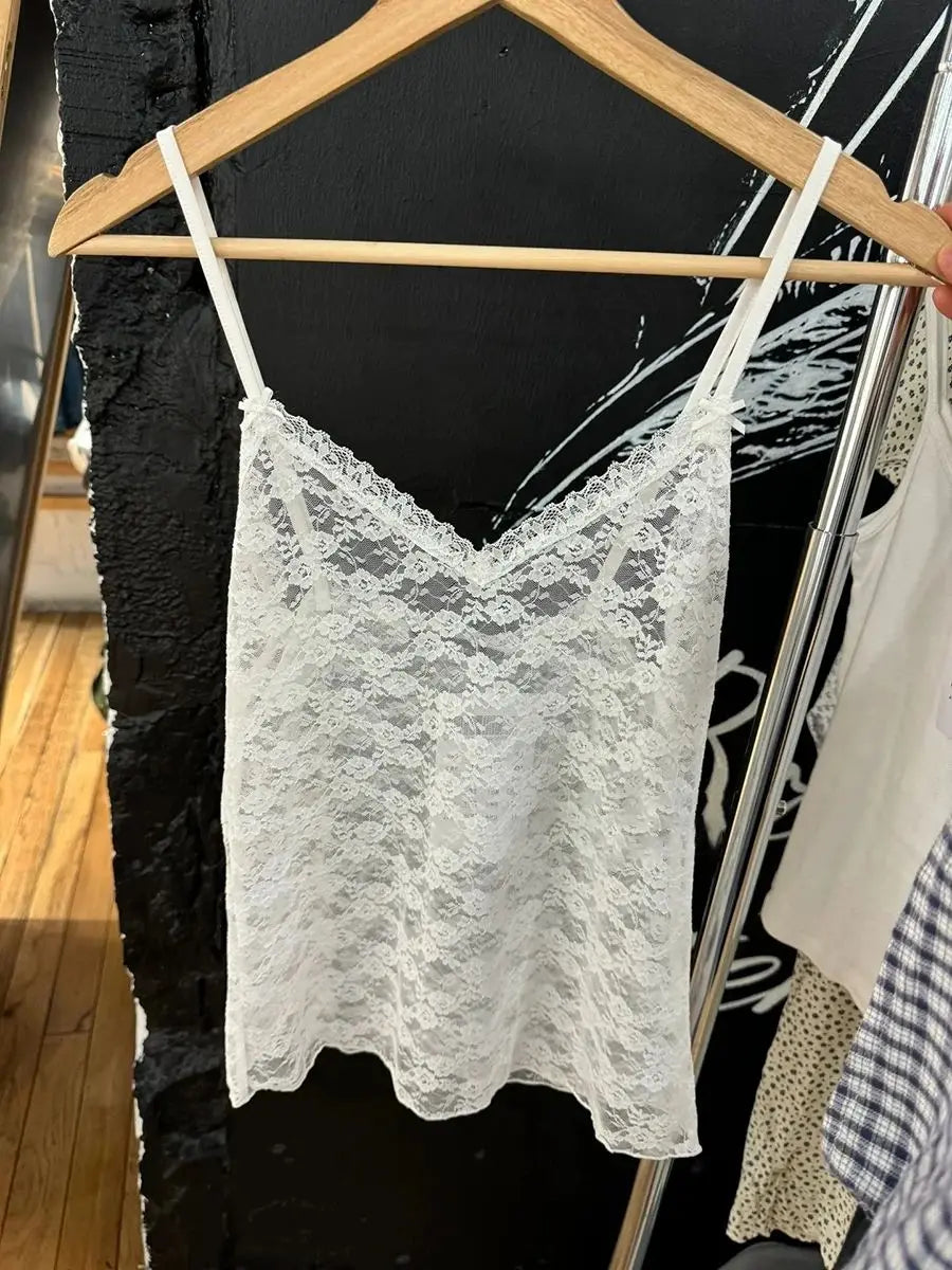 New Blue Lace Transparent Tank Tops Summer Bow Sexy V Neck Sleevless Slim Thin Camis Women Vintage Solid Sweet Mesh Crop Top