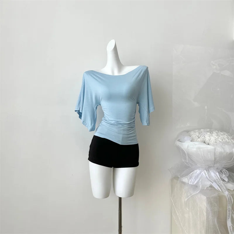 Women's Summer High Stretch Slash Neck Flare Sleeve Slim T Shirt Lady Sexy Pleated Slim Solid Color Pullover Tee Top