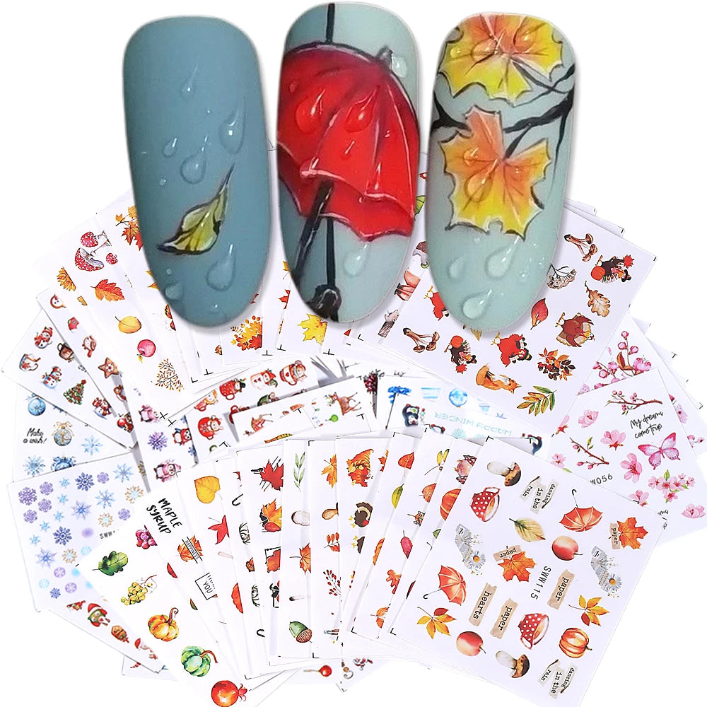 72pcs/set Autumn Christmas Nail Art Stickers Cartoon Animal Sakura Flowers Pumpkin Maple Nail Slider Water Decals Manicure Tips