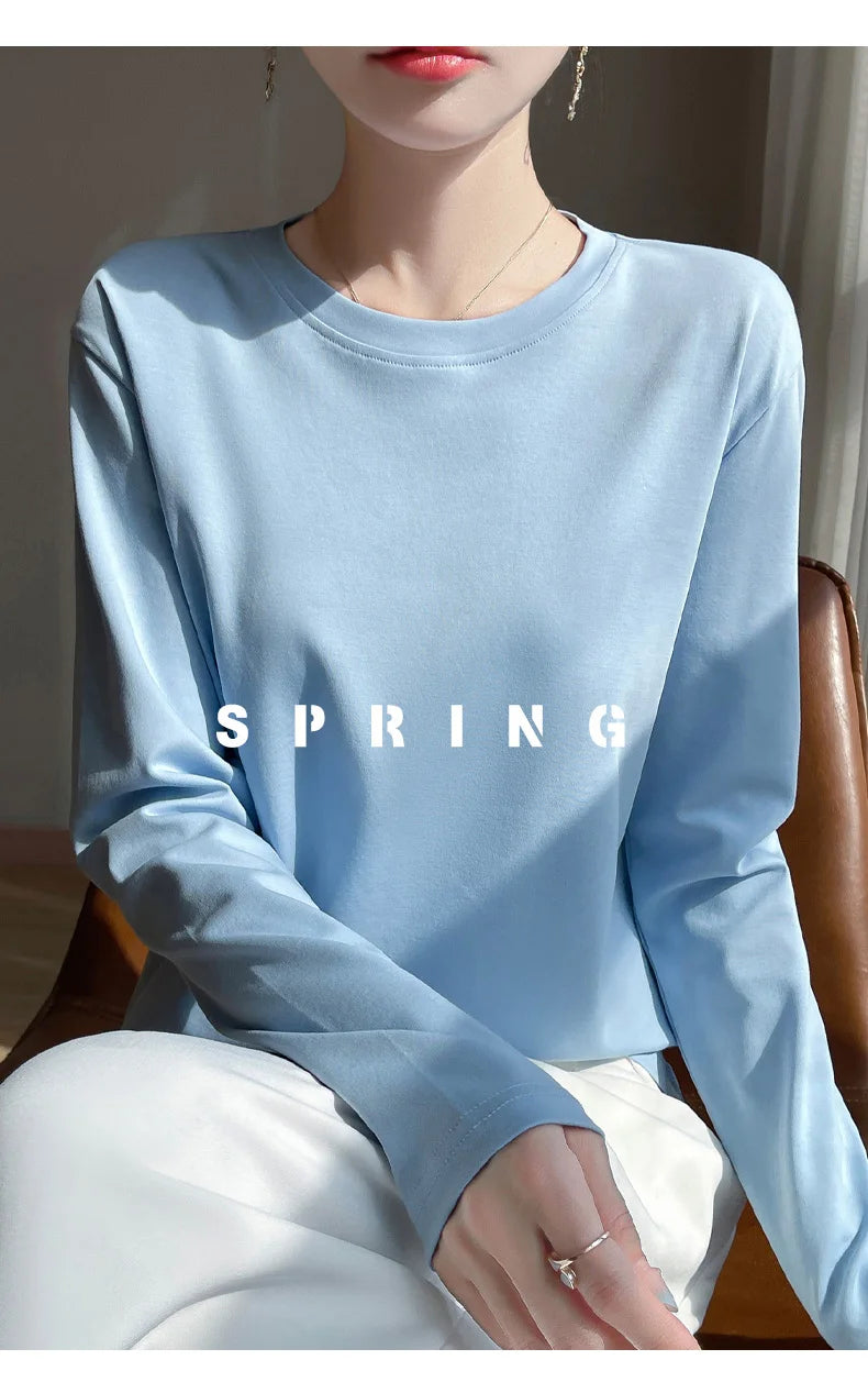Spring And Summer New Mercerized Cotton Long Sleeve T-shirt Women's Round Neck Loose 100% Cotton Bottoming T-shirt