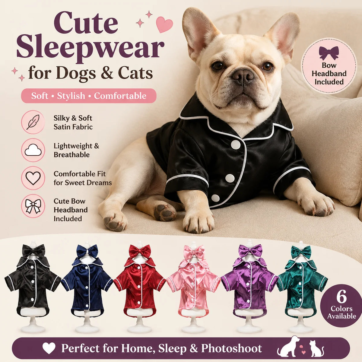 Satin Dog Pajama Set with Bow Headband - Small Dogs & Cats