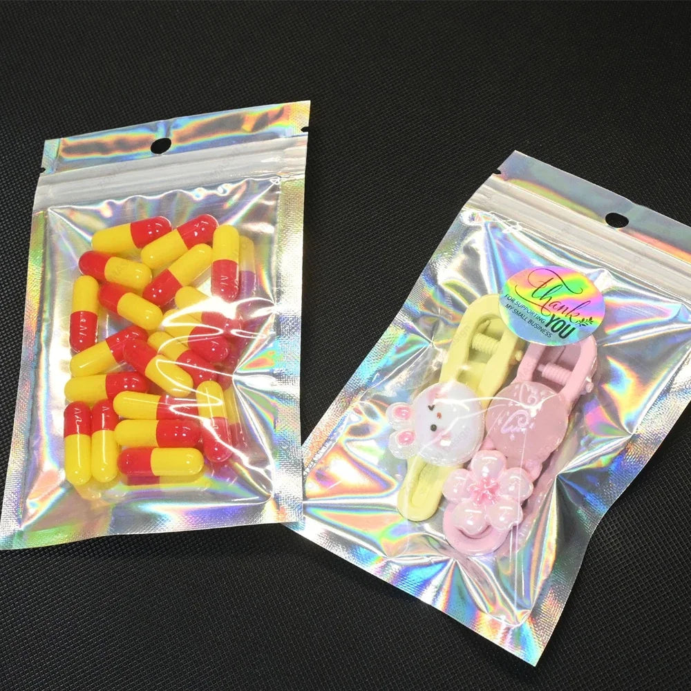 400-1PCS Color Laser Sealing Bags Plastic Holographic Candy Food Pouch Resealable Necklace Jewelry Gift Packaging Storage Bag