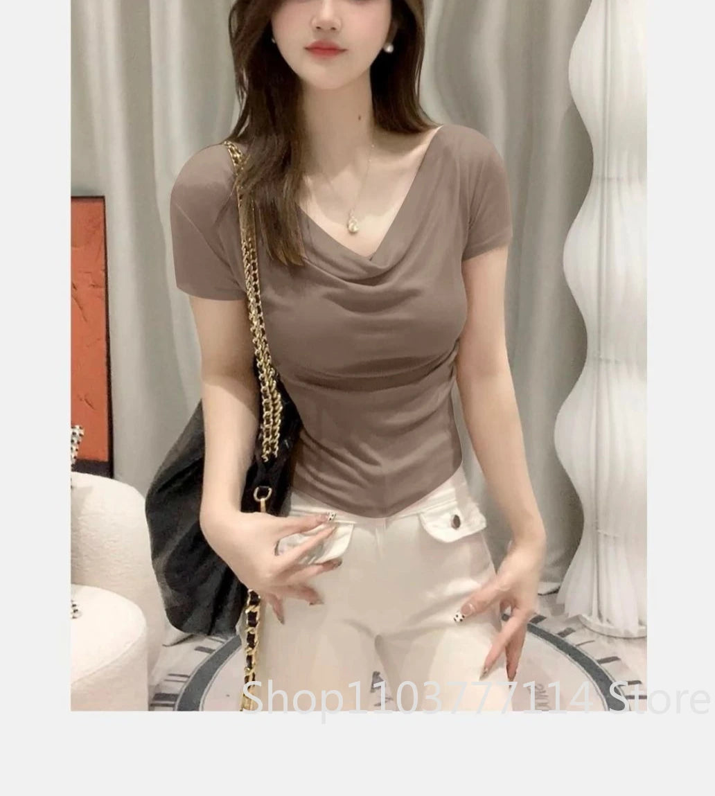 Summer Thread Solid Color Beach Fashion Versatile Women's Short Sleeved T-shirt Casual Lightweight Breathable Sexy Women's Top