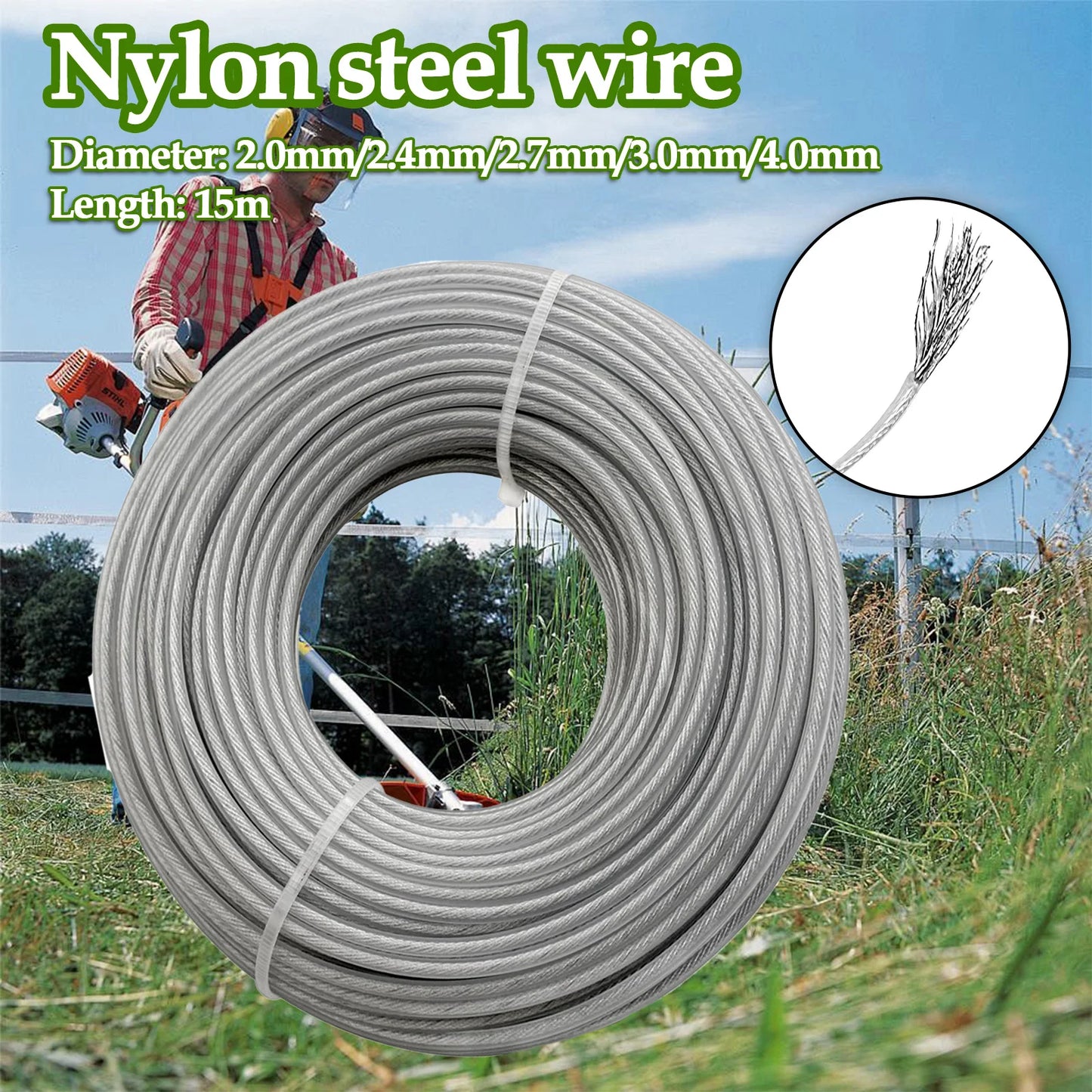 Steel Wire Grass Trimmer Line 2-4mm x 15M – Round Nylon Brushcutter Rope for Lawn Mowers
