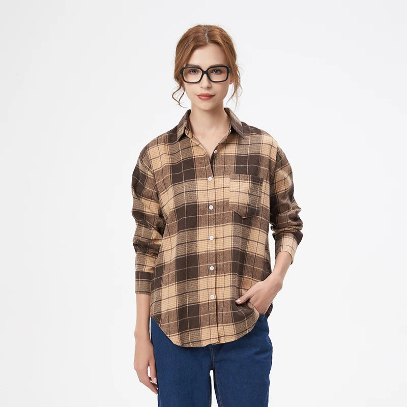 Women's Plaid Long Sleeve Shirt - Loose Casual Button-Up Blouse - photo 4