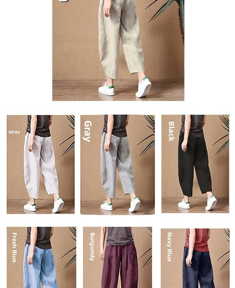 Loose Wide Leg Cotton Linen Pants High Waist Nine Points Women's plus Size Summer New Sle Casual Trousers Versatile Loose Fit