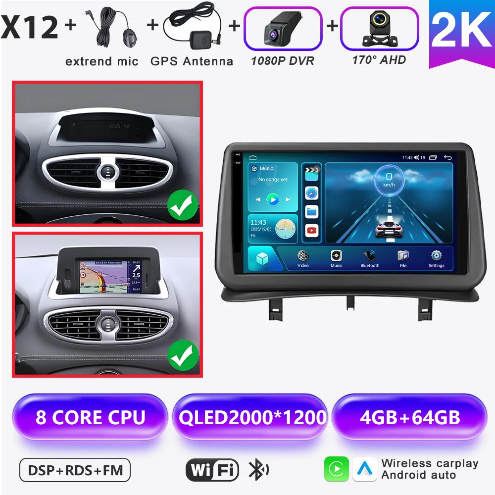Android 16 Auto Car Radio For Renault Clio 3 2005-2014 Wireless CarPlay 4G Multimedia Player Navigation GPS Autoradio BT No 2din