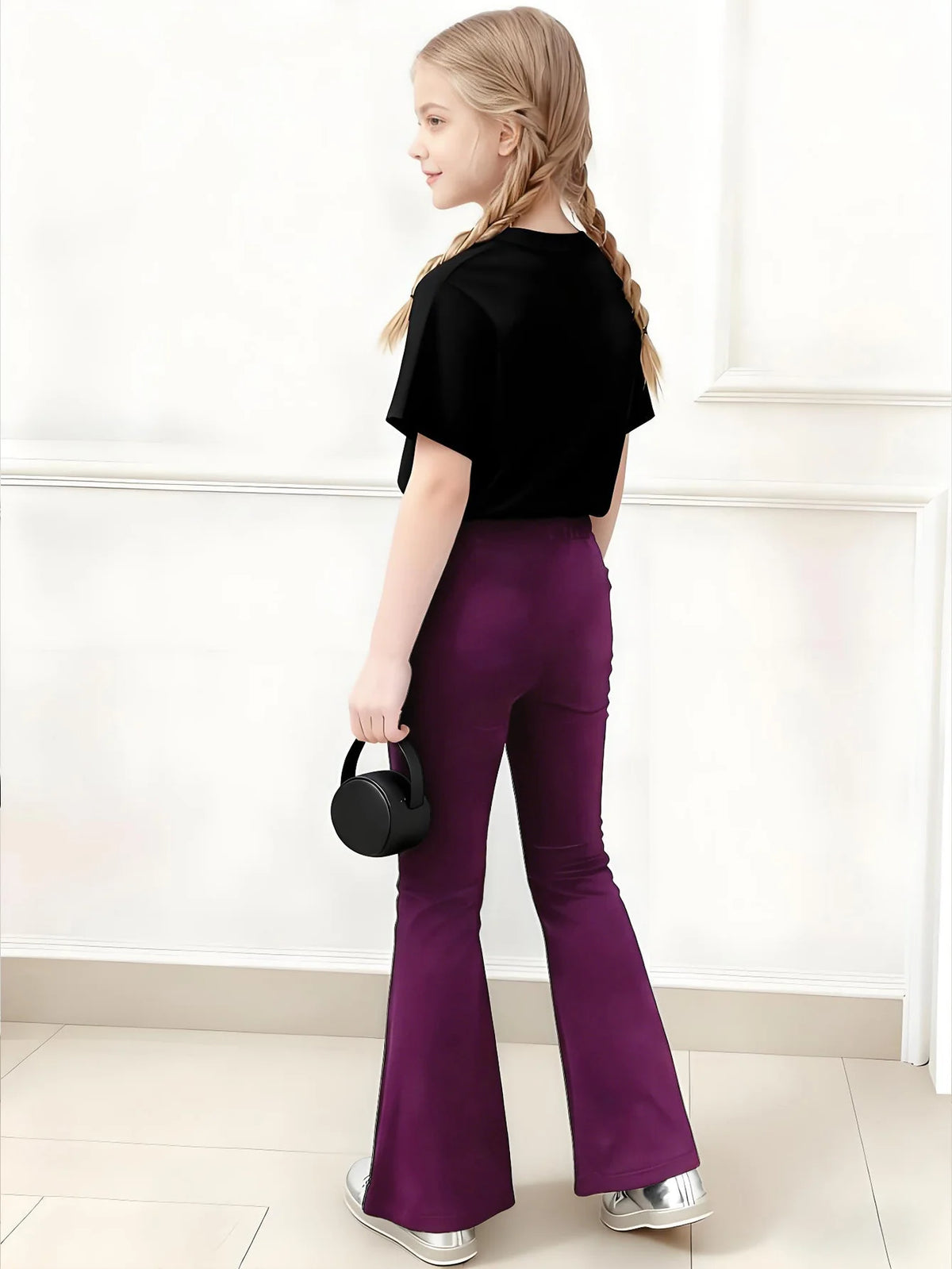 Girls' Summer Casual Outfit: Black Round-Neck Short-Sleeve Top + Purple Flared Long Pants Two-Piece Set with Anime Girl + "Six Seven" English Print, Suitable for Girls Aged 4-12, Versatile Clothing for Home and Outings