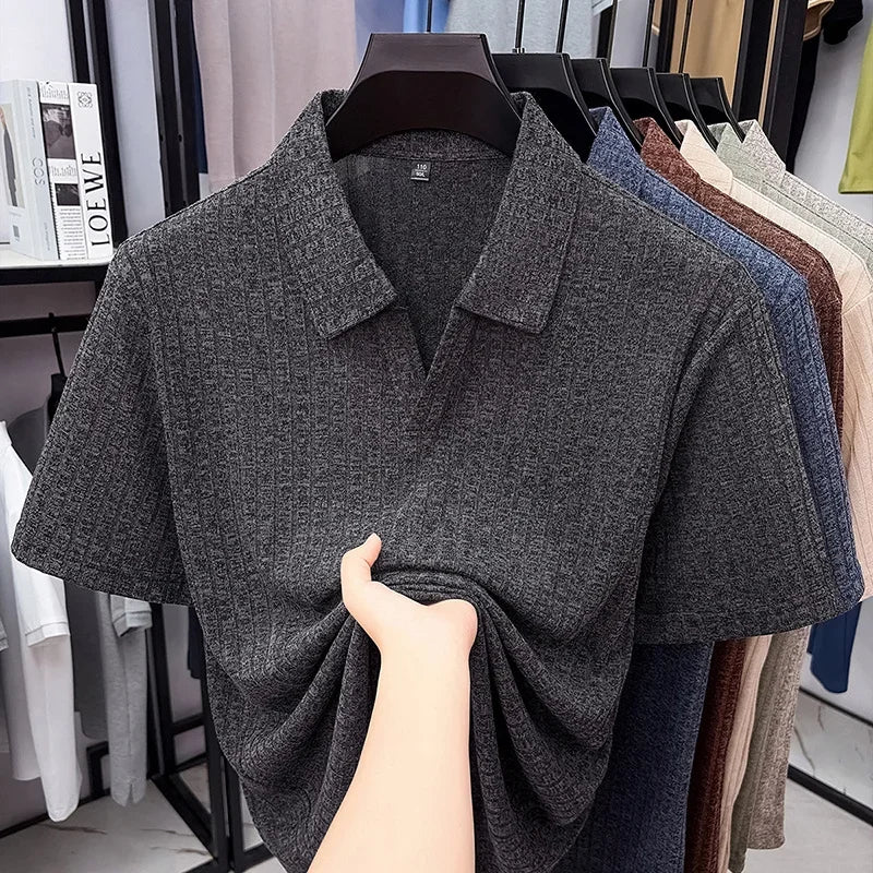 Men's Ribbed Lapel Polo - Soft Stretch, All-Season Casual