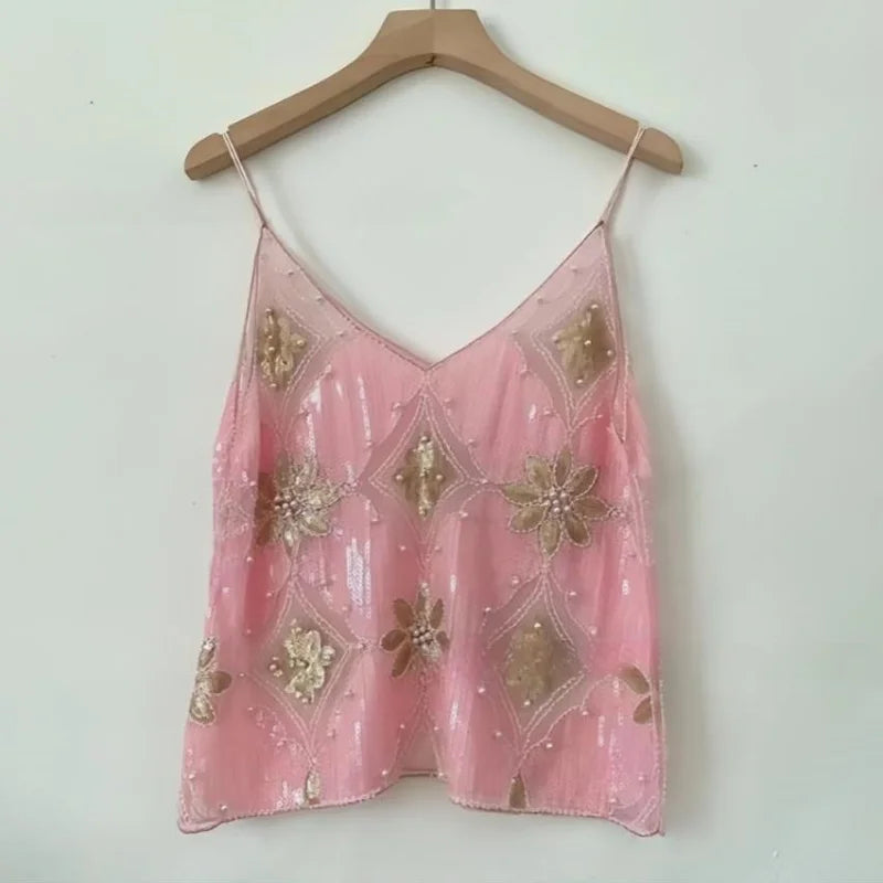Women's Hot Sweet Sequin Bead Crop Tops Sexy Sling Slim Fit Short V-neck Straight Tank Top Korean Fashion Y2k Clothing