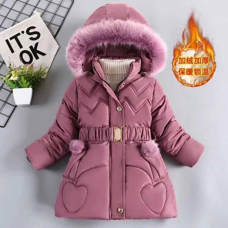 Girls' Hooded Winter Coat with Belt - Plush Lined Heavy Jacket