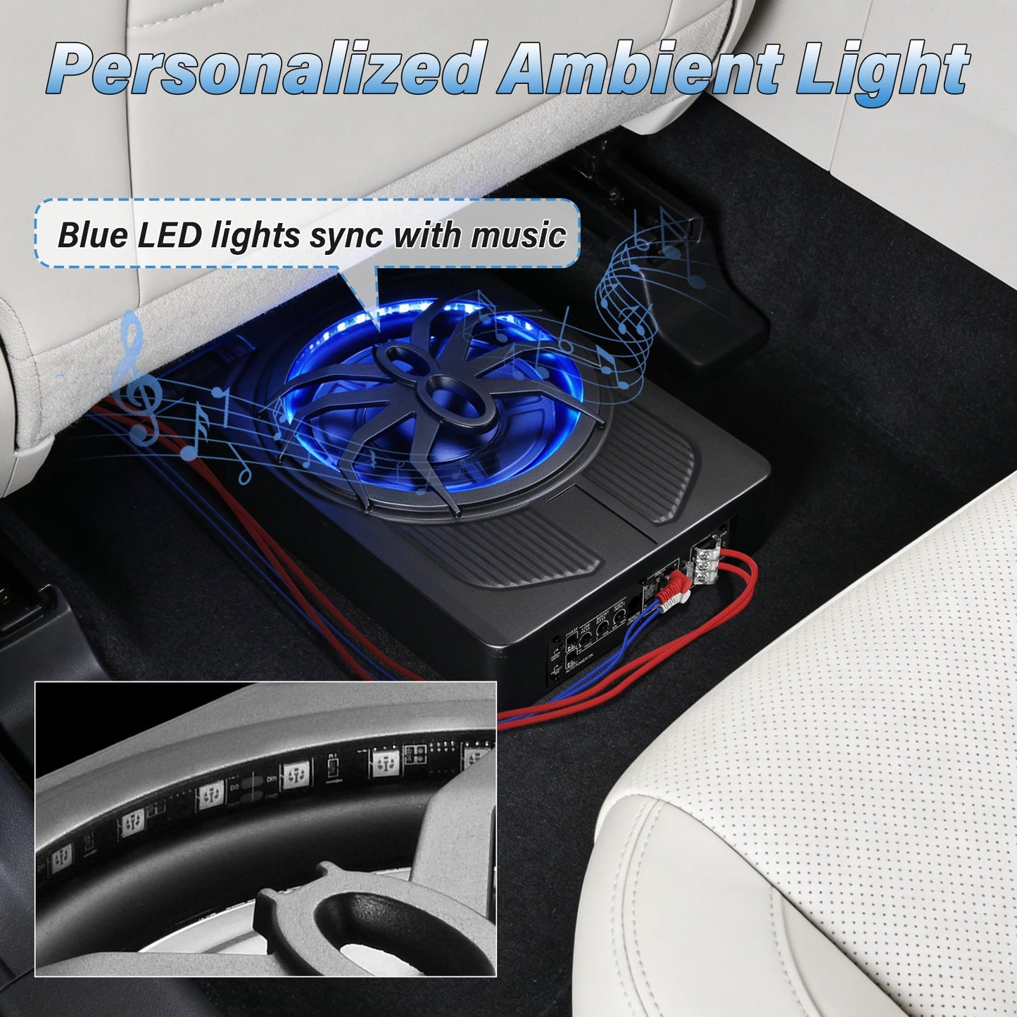 10 Inch Under Seat Subwoofer, Active Car Subwoofer, Compact Under Seat Sub 12V with Blue LED Ambient Light for Trucks, Vehicles with Limited Space