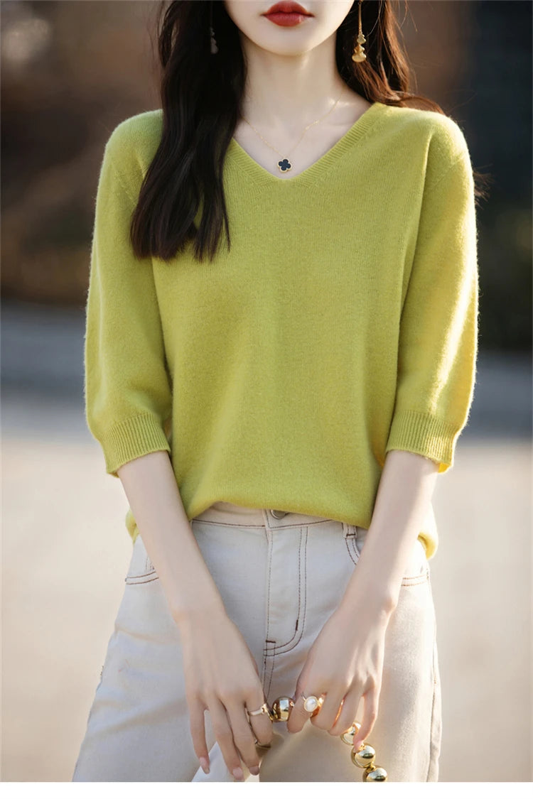 RONGYI Spring/Summer 2026 Ladies Sweater Pullover Solid Color V-neck Half-sleeved Knitted Cashmere Sweater Thin Casual Top