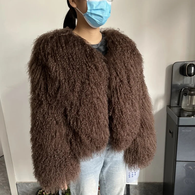 Women's Mongolian Sheep Fur Jacket, Round Neck