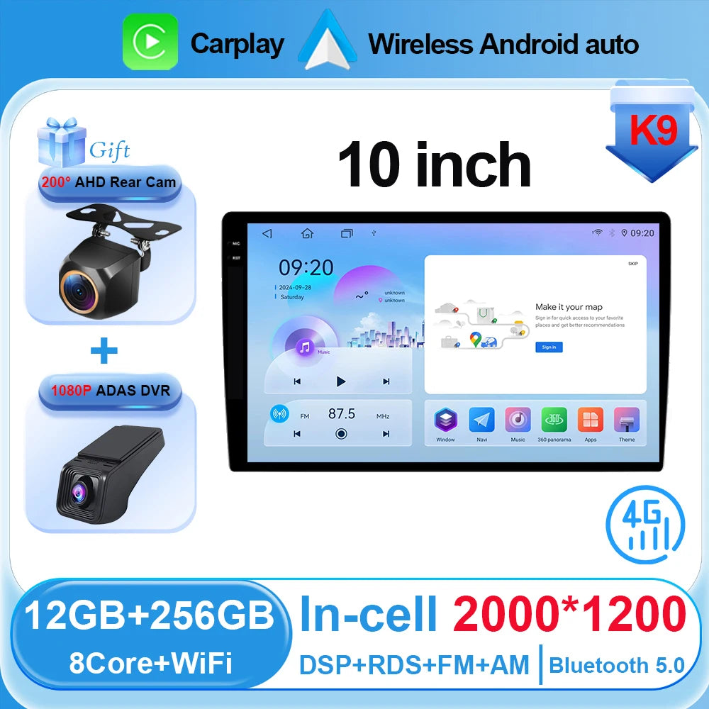 Universal 2-DIN Android Car Stereo (9"/10") — CarPlay, Android Auto, GPS, QLED Screen, Bluetooth