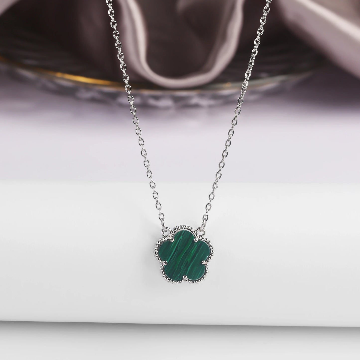 Five-Petal Flower Pendant Necklace — Natural Stone, 7 Colors