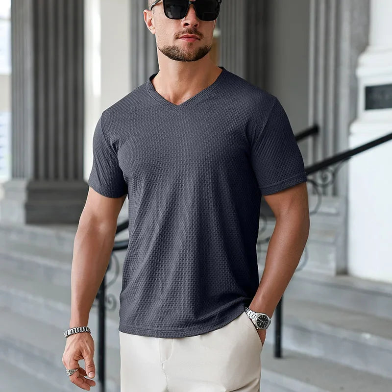 Men's Ice-Silk V-Neck Tee - Jacquard Quick-Dry, Casual Daily Wear