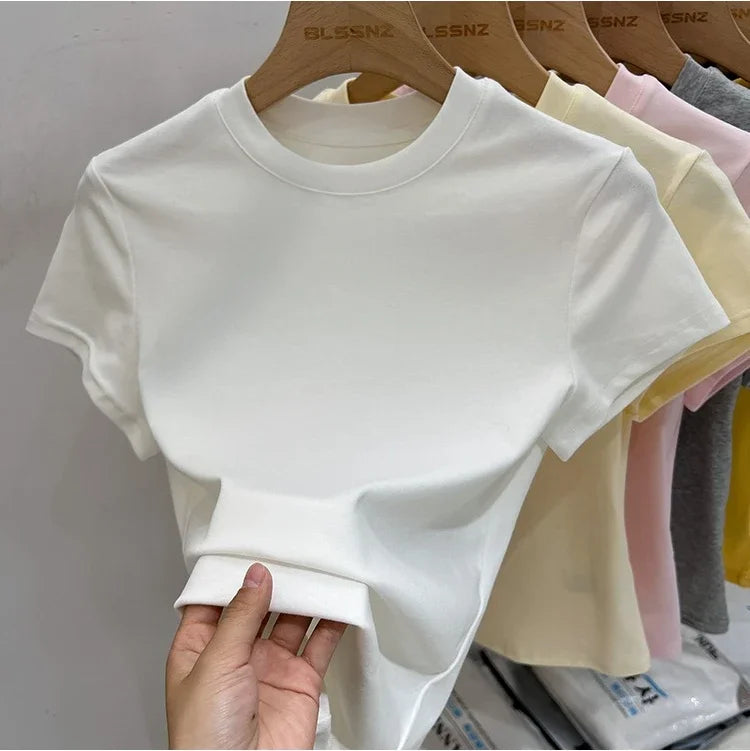 Zjaiss 2026 O-Neck Fashion T-Shirt Summer Sexy Basic Top Solid Short Sleeve Womens Tshirt Casual Korean Tee Streetwear