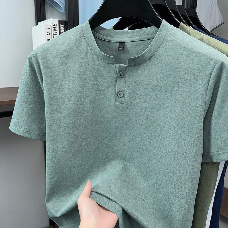 Men's Thin-Knit Henley - Two-Button Split Neck, Slim Elastic Fit