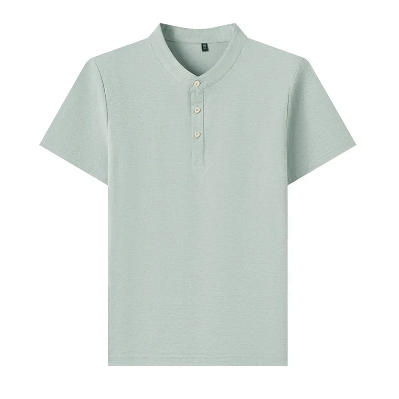 Men's Mandarin Collar Henley - Short Sleeve, Breathable Slim Fit