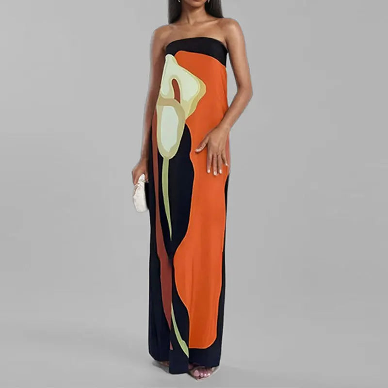 2026 Summer Women Strapless Backless Flower Printed Long Dress Women Sleeveless Off Shoulder Vestidos Plus Size S-3XL Streetwear